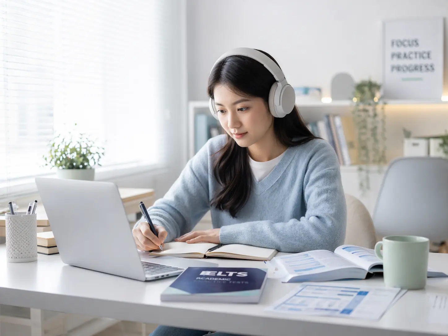 Young Asian student wearing headphones while taking an IELTS practice test on a laptop